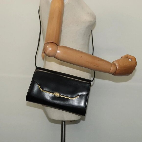 GUCCI Shoulder Bag Leather Black Gold Auth 140948 - Picture 1 of 16